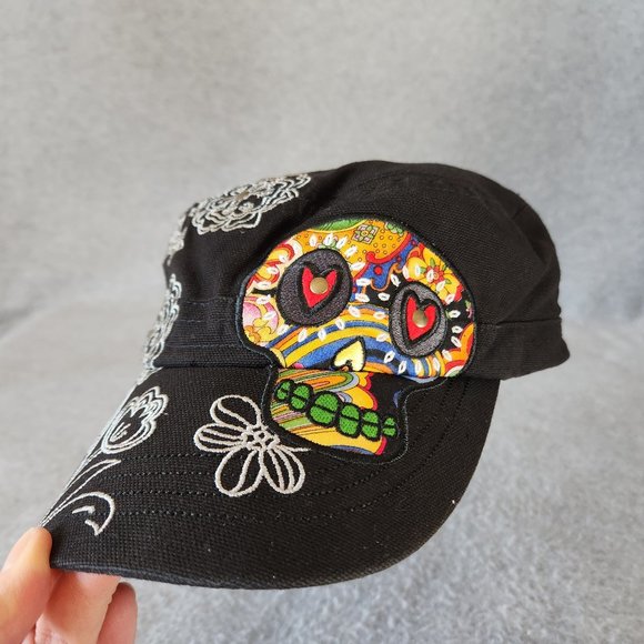 Karma Live in The Moment Embroidered Skull Cap Hat Cotton Black One Size - Picture 2 of 11